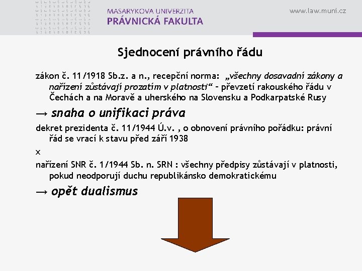 www. law. muni. cz Sjednocení právního řádu zákon č. 11/1918 Sb. z. a n.