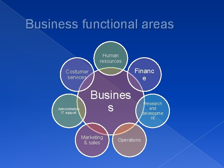 Business functional areas Human resources Financ e Costumer services Administration IT support Busines s