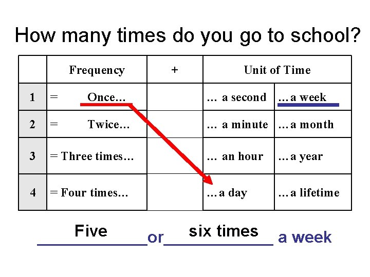 How many times do you go to school? Frequency + Unit of Time 1