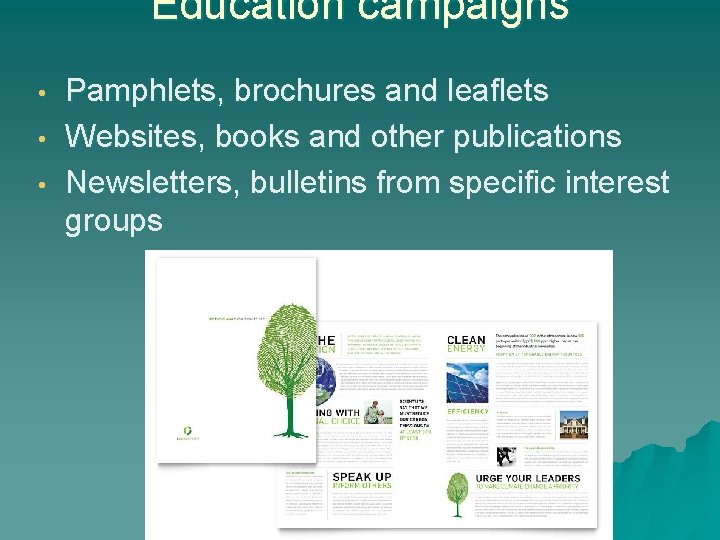 Education campaigns • • • Pamphlets, brochures and leaflets Websites, books and other publications