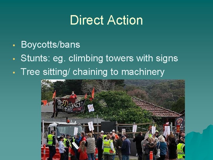 Direct Action • • • Boycotts/bans Stunts: eg. climbing towers with signs Tree sitting/