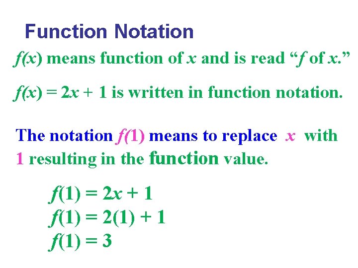 Function Notation f(x) means function of x and is read “f of x. ” Function Notation f(x) means function of x and is read “f of x. ”