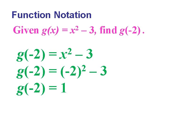 Function Notation Given g(x) = x 2 – 3, find g(-2). 2 x g(-2)