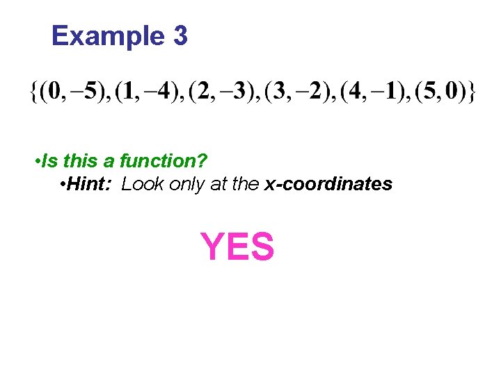 Example 3 • Is this a function? • Hint: Look only at the x-coordinates Example 3 • Is this a function? • Hint: Look only at the x-coordinates