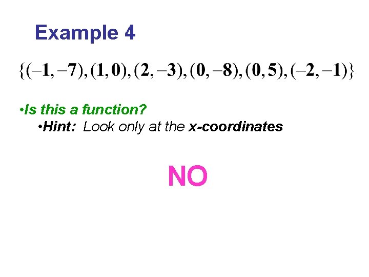 Example 4 • Is this a function? • Hint: Look only at the x-coordinates Example 4 • Is this a function? • Hint: Look only at the x-coordinates