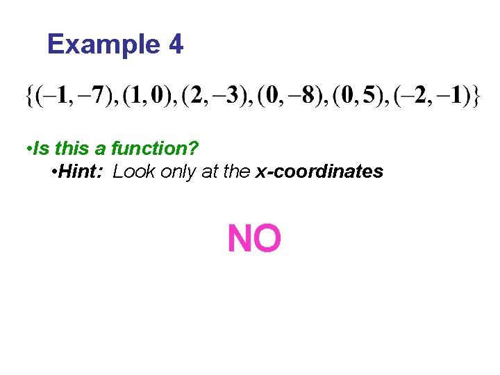 Example 4 • Is this a function? • Hint: Look only at the x-coordinates