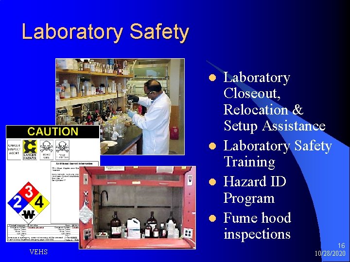 Laboratory Safety l l VEHS Laboratory Closeout, Relocation & Setup Assistance Laboratory Safety Training