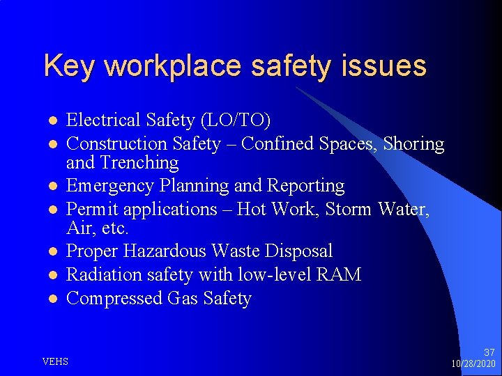 Key workplace safety issues l l l l Electrical Safety (LO/TO) Construction Safety –