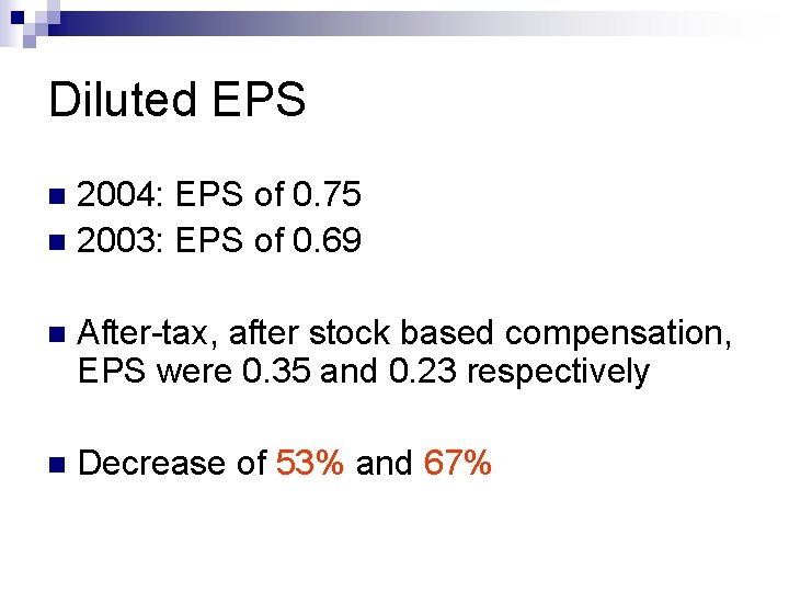 Diluted EPS 2004: EPS of 0. 75 n 2003: EPS of 0. 69 n