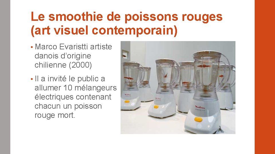 Le smoothie de poissons rouges (art visuel contemporain) • Marco Evaristti artiste danois d’origine