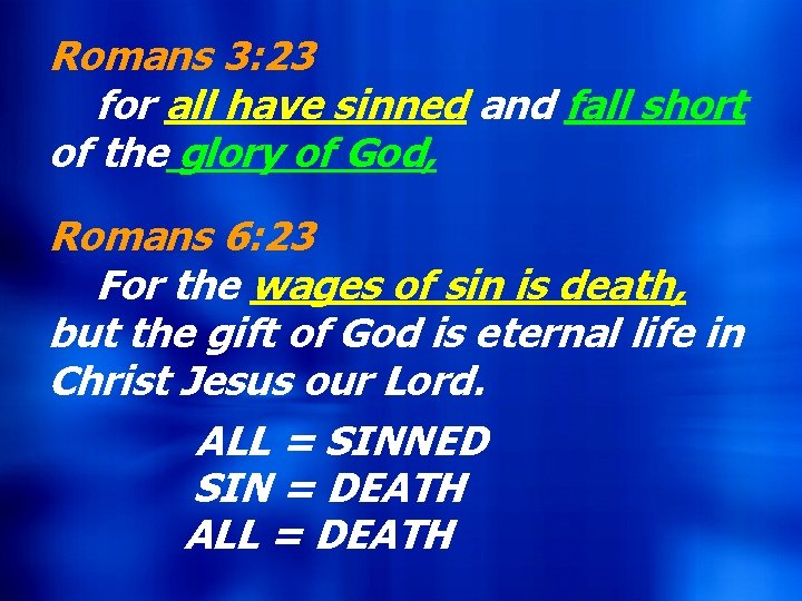 Romans 3: 23 for all have sinned and fall short of the glory of