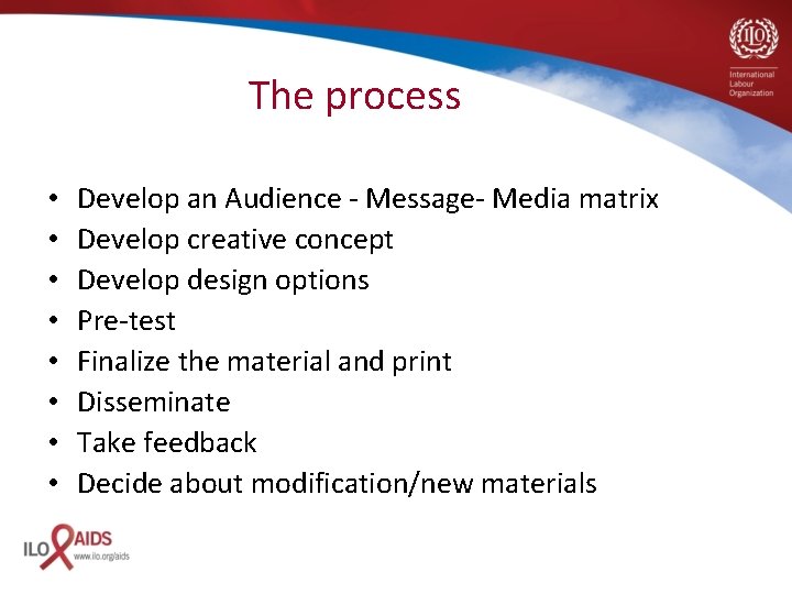 The process • • Develop an Audience - Message- Media matrix Develop creative concept