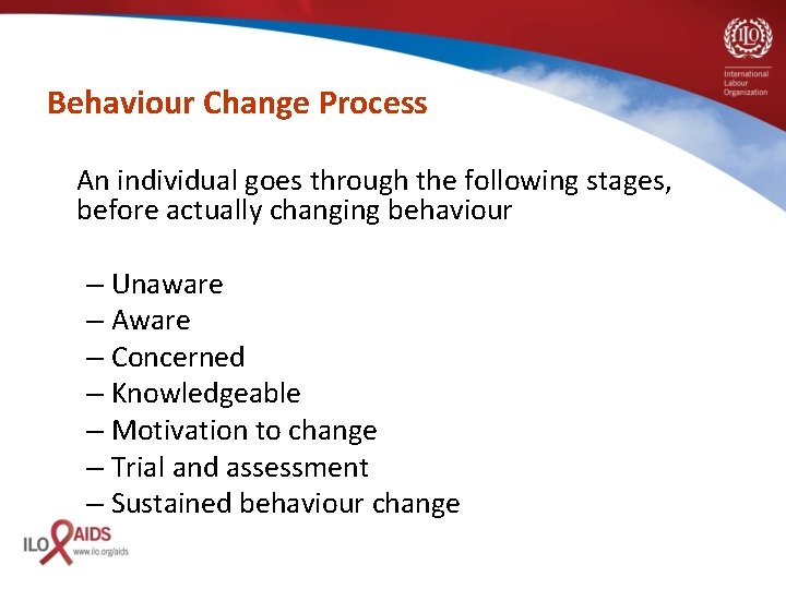 Behaviour Change Process An individual goes through the following stages, before actually changing behaviour