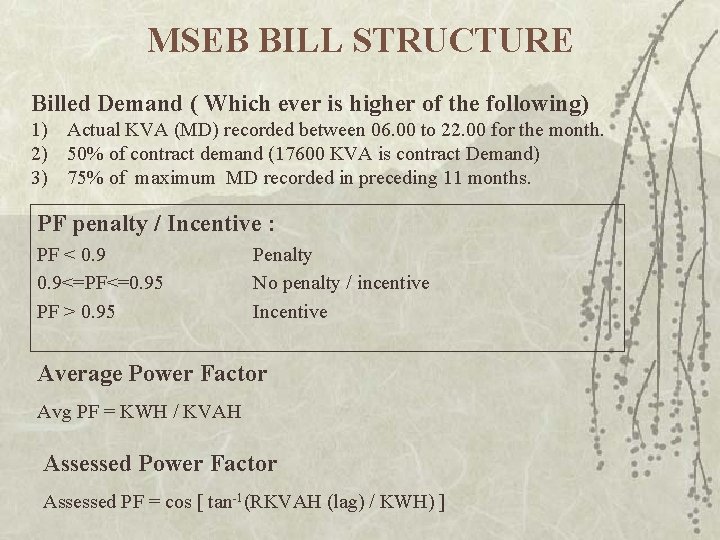 MSEB BILL STRUCTURE Billed Demand ( Which ever is higher of the following) 1)