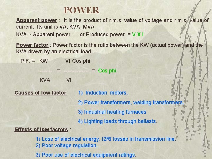 POWER Apparent power : It is the product of r. m. s. value of