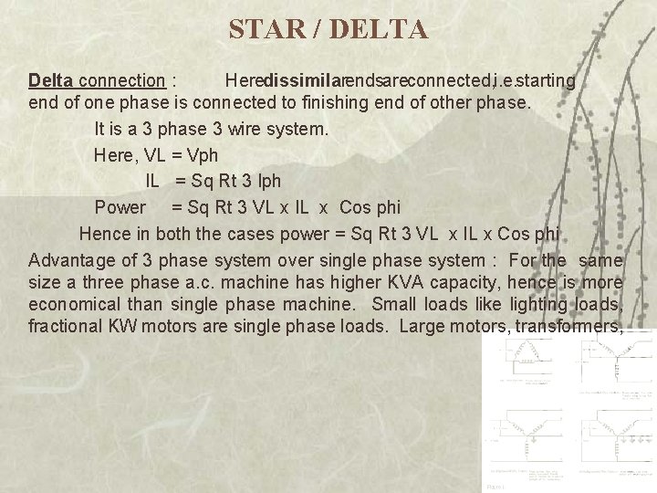 STAR / DELTA Delta connection : Here dissimilar ends are connected, i. e. starting