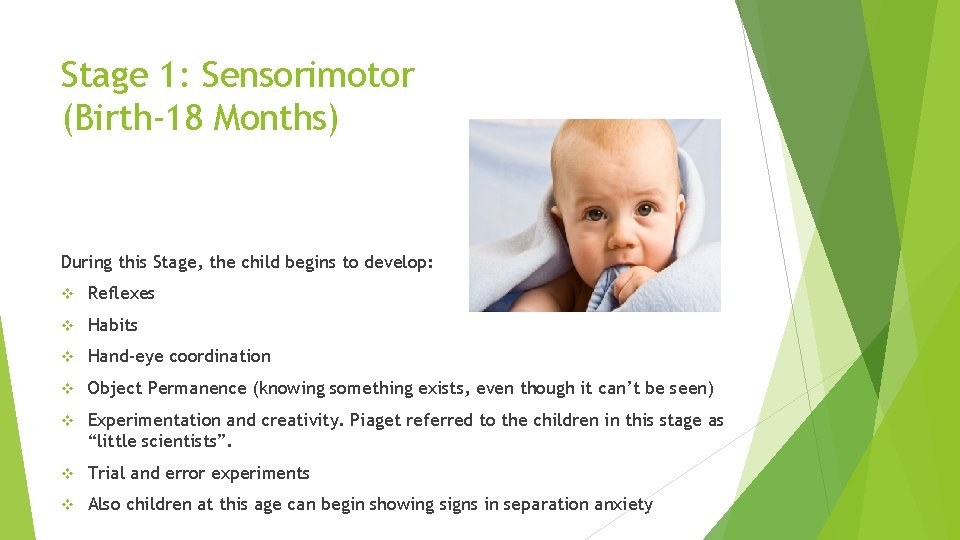 Stage 1: Sensorimotor (Birth-18 Months) During this Stage, the child begins to develop: v