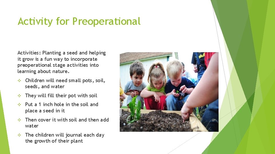 Activity for Preoperational Activities: Planting a seed and helping it grow is a fun