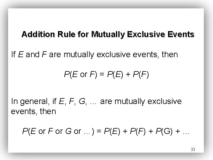 Addition Rule for Mutually Exclusive Events If E and F are mutually exclusive events,