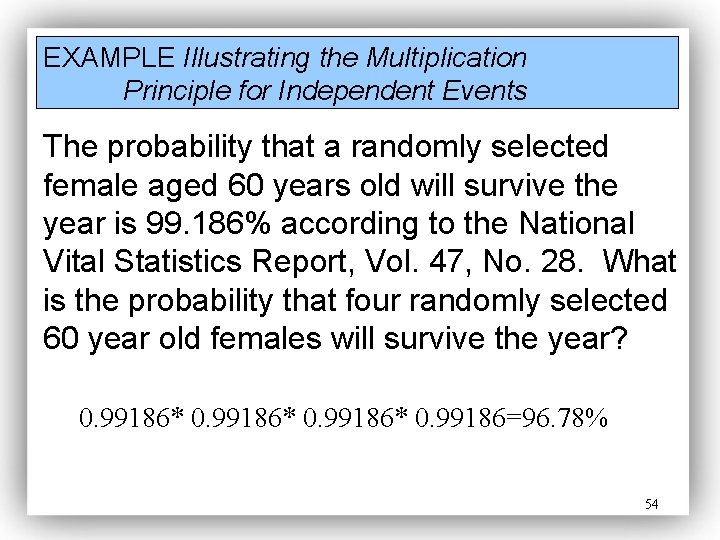 EXAMPLE Illustrating the Multiplication Principle for Independent Events The probability that a randomly selected