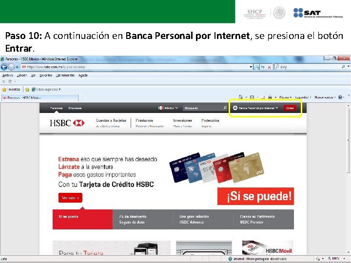 Paso 10: A continuación en Banca Personal por Internet, se presiona el botón Entrar.