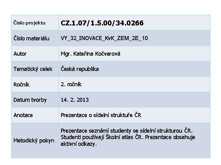 Číslo projektu CZ. 1. 07/1. 5. 00/34. 0266 Číslo materiálu VY_32_INOVACE_Kv. K_ZEM_2 E_10 Autor