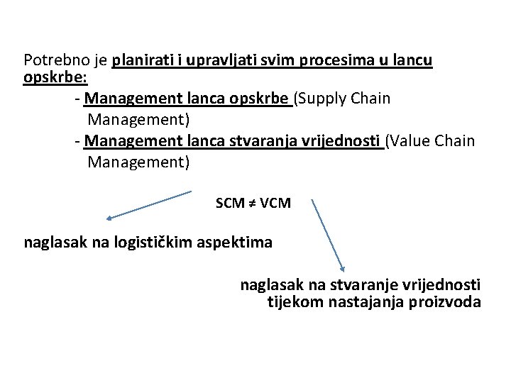 Potrebno je planirati i upravljati svim procesima u lancu opskrbe: - Management lanca opskrbe