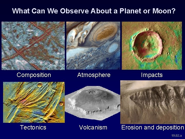 What Can We Observe About a Planet or Moon? Composition Atmosphere Impacts Tectonics Volcanism