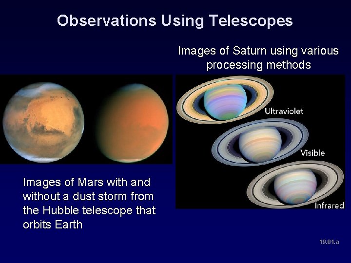 Observations Using Telescopes Images of Saturn using various processing methods Images of Mars with