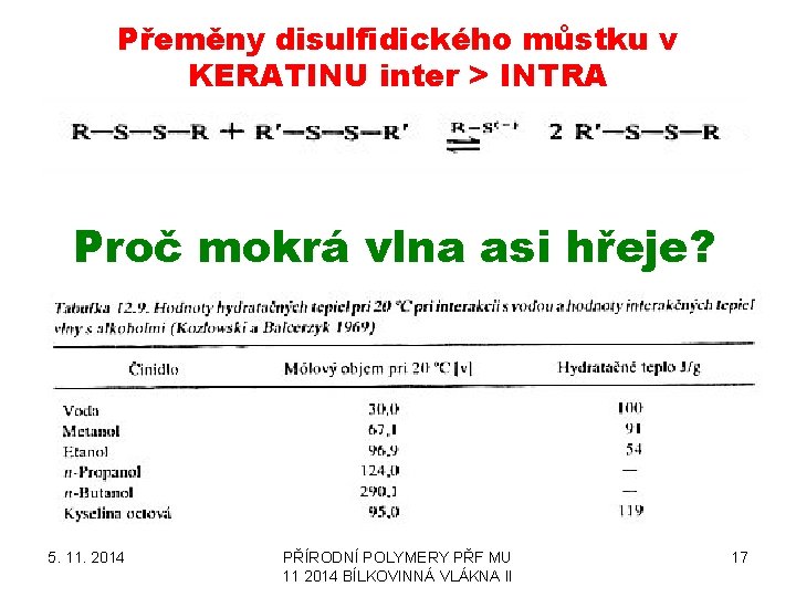 Přeměny disulfidického můstku v KERATINU inter > INTRA Proč mokrá vlna asi hřeje? 5.