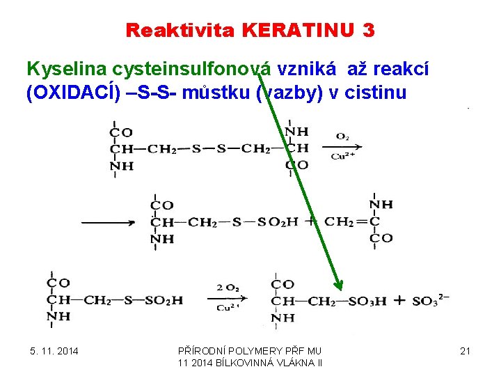 Reaktivita KERATINU 3 Kyselina cysteinsulfonová vzniká až reakcí (OXIDACÍ) –S-S- můstku (vazby) v cistinu