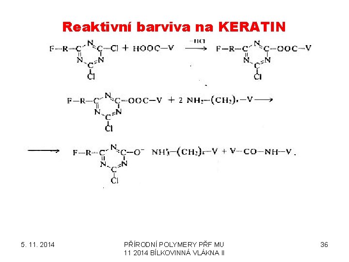 Reaktivní barviva na KERATIN 5. 11. 2014 PŘÍRODNÍ POLYMERY PŘF MU 11 2014 BÍLKOVINNÁ