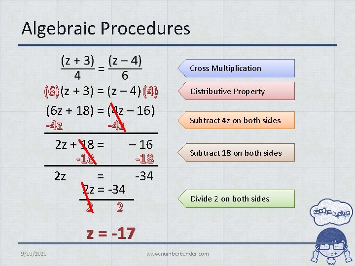 Algebraic Procedures Cross Multiplication (6) (z + 3) = (z – 4) (6 z