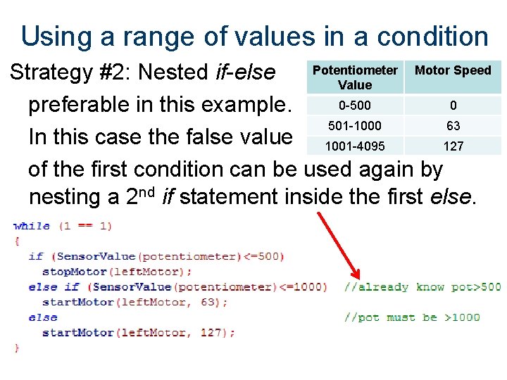 Using a range of values in a condition Potentiometer Motor Speed Strategy #2: Nested Using a range of values in a condition Potentiometer Motor Speed Strategy #2: Nested