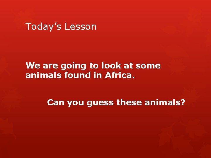 Today’s Lesson We are going to look at some animals found in Africa. Can
