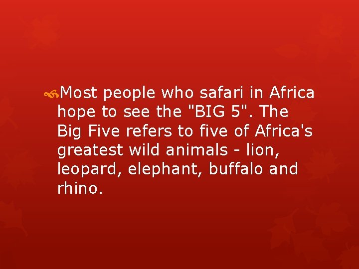  Most people who safari in Africa hope to see the "BIG 5". The