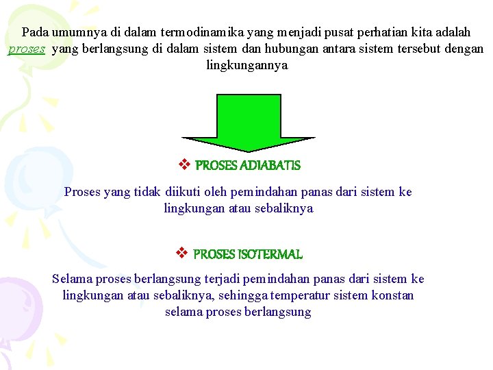 Pada umumnya di dalam termodinamika yang menjadi pusat perhatian kita adalah proses yang berlangsung