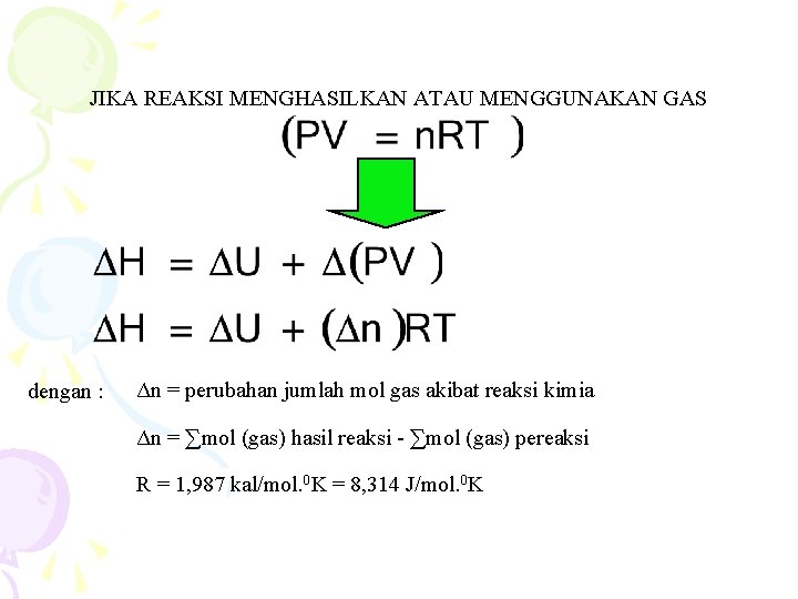 JIKA REAKSI MENGHASILKAN ATAU MENGGUNAKAN GAS dengan : Δn = perubahan jumlah mol gas