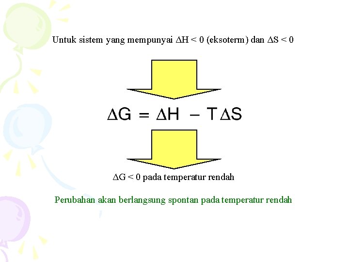 Untuk sistem yang mempunyai ΔH < 0 (eksoterm) dan ΔS < 0 ΔG <