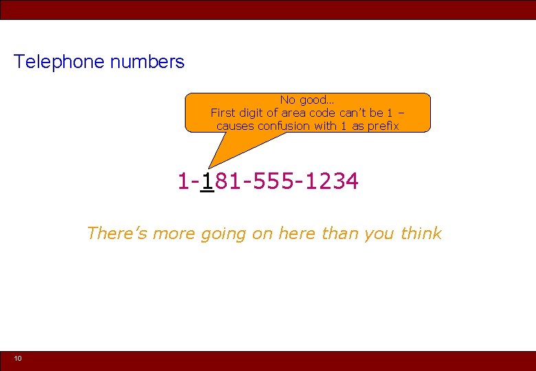 Telephone numbers No good… First digit of area code can’t be 1 – causes