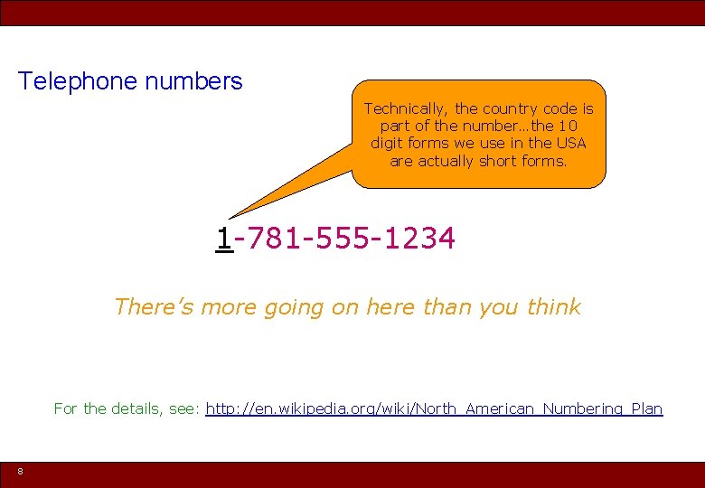 Telephone numbers Technically, the country code is part of the number…the 10 digit forms