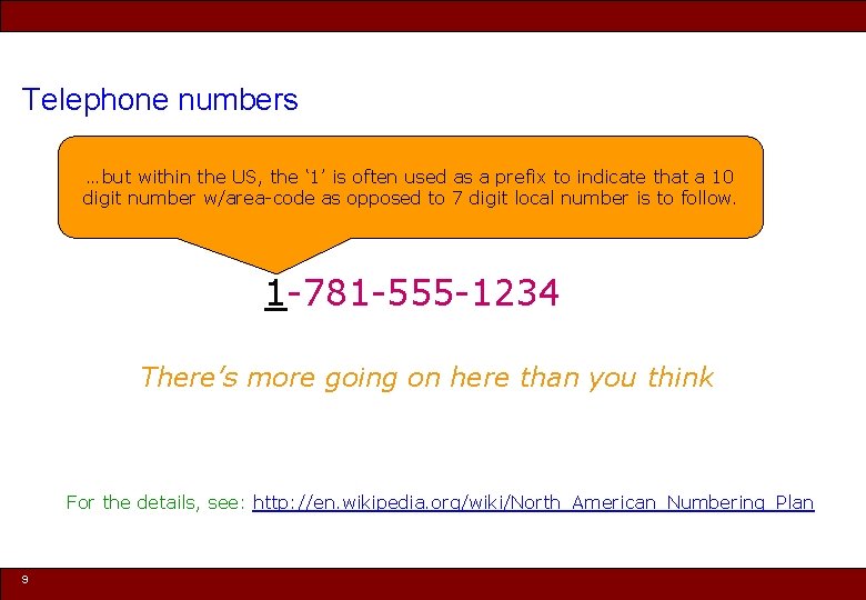 Telephone numbers …but within the US, the ‘ 1’ is often used as a