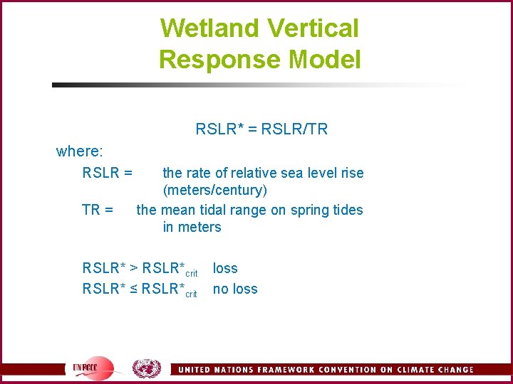 Wetland Vertical Response Model RSLR* = RSLR/TR where: RSLR = TR = the rate