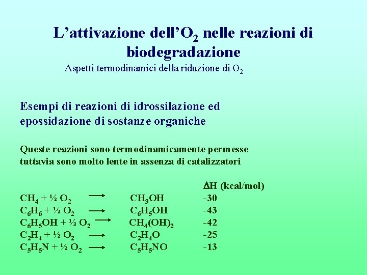 L’attivazione dell’O 2 nelle reazioni di biodegradazione Aspetti termodinamici della riduzione di O 2