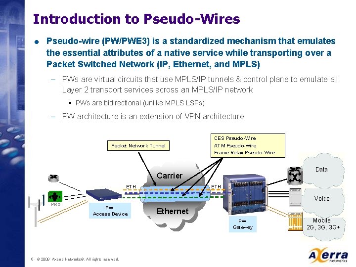 Introduction to Pseudo-Wires = Pseudo-wire (PW/PWE 3) is a standardized mechanism that emulates the