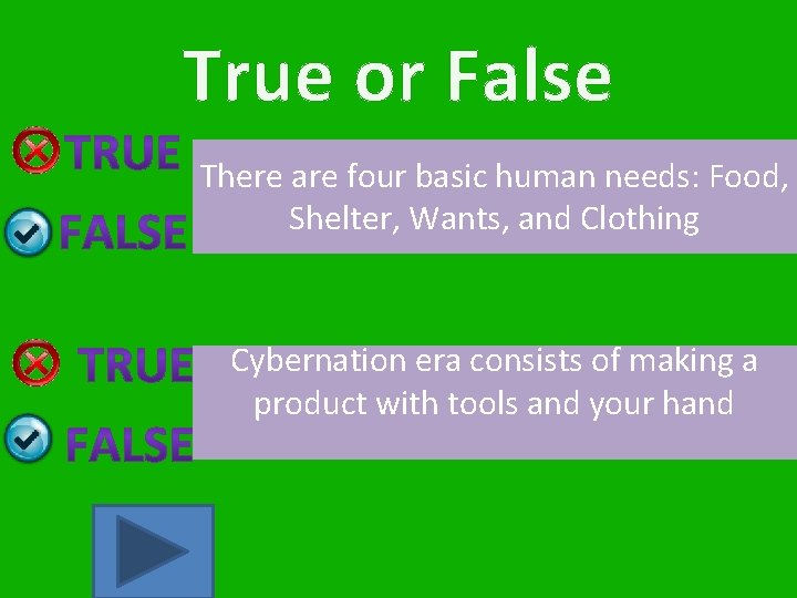 True or False There are four basic human needs: Food, Shelter, Wants, and Clothing