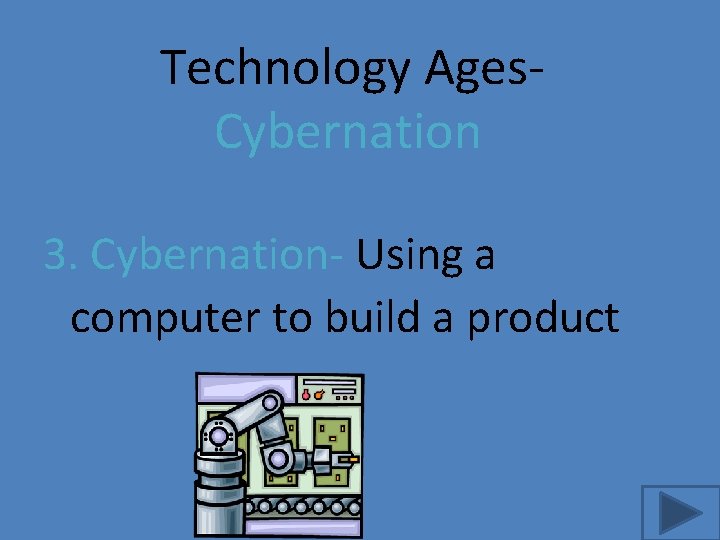 Technology Ages. Cybernation 3. Cybernation- Using a computer to build a product 