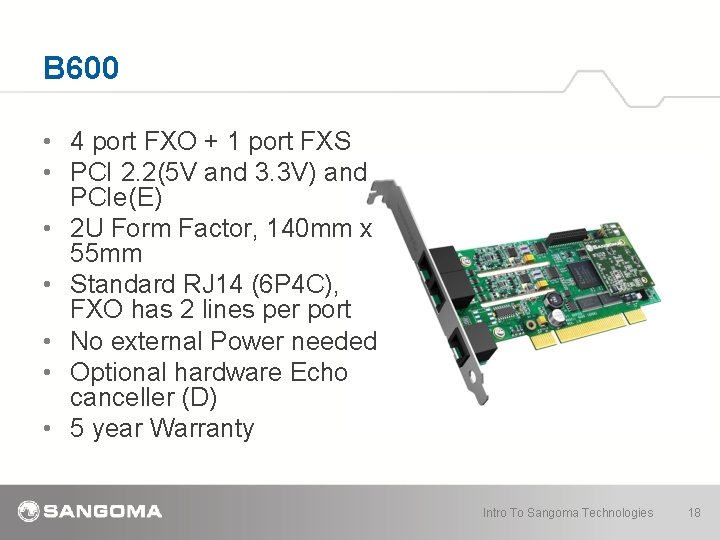 B 600 • 4 port FXO + 1 port FXS • PCI 2. 2(5