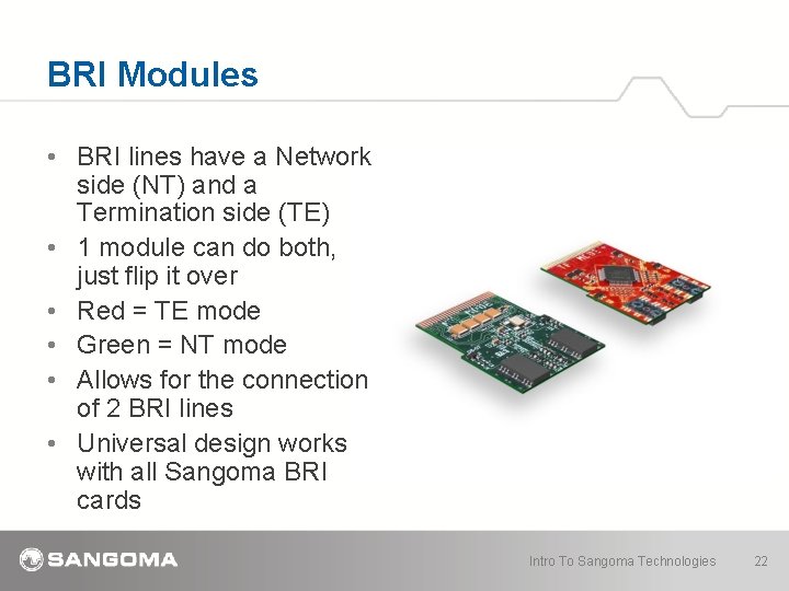 BRI Modules • BRI lines have a Network side (NT) and a Termination side