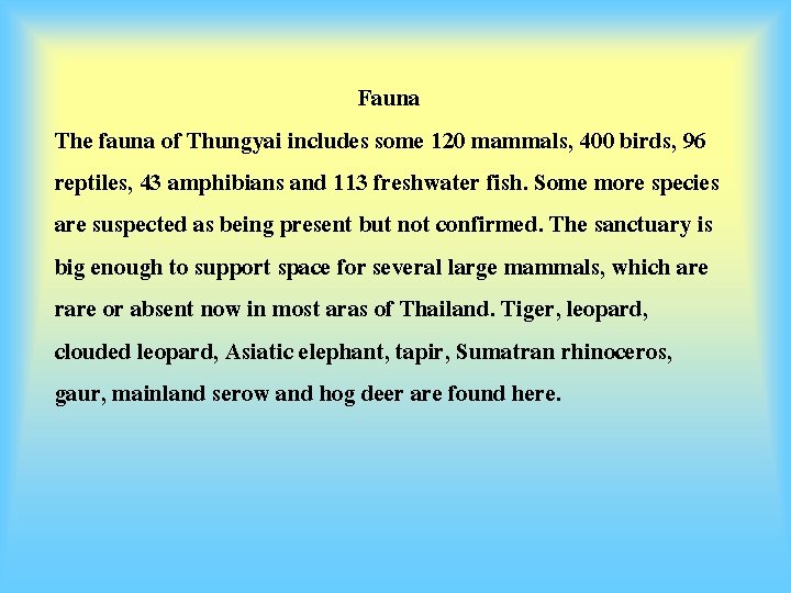 Fauna The fauna of Thungyai includes some 120 mammals, 400 birds, 96 reptiles, 43